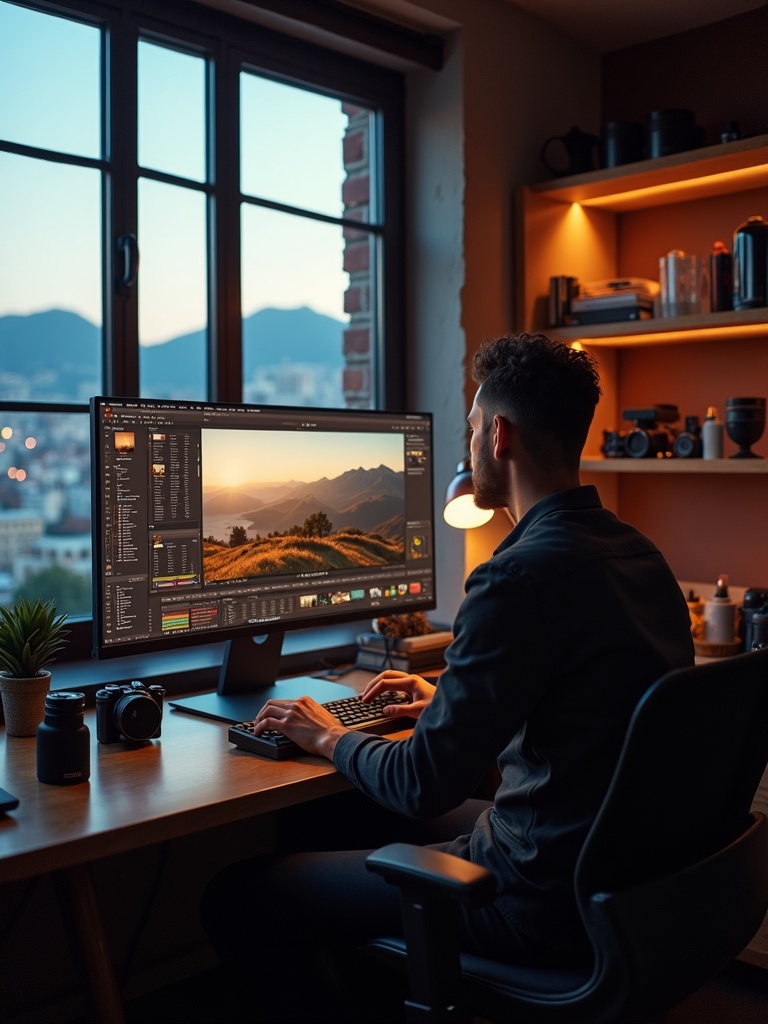 Photographer working at a desk in Bristol with harbour views and camera gear